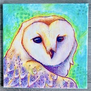 “Star Owl” acrylic mixed media art